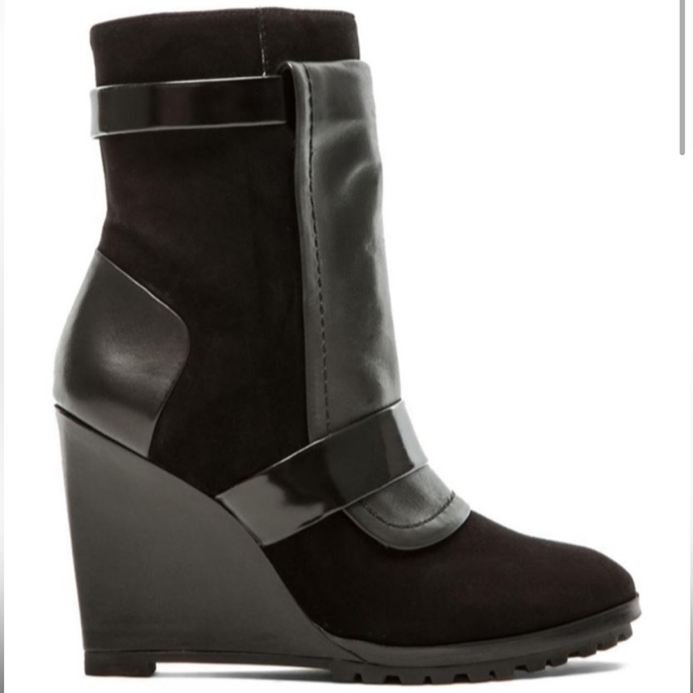 10 Crosby Derek Lam Karli Black Suede and Leather Wedge Boots Size 7.5
